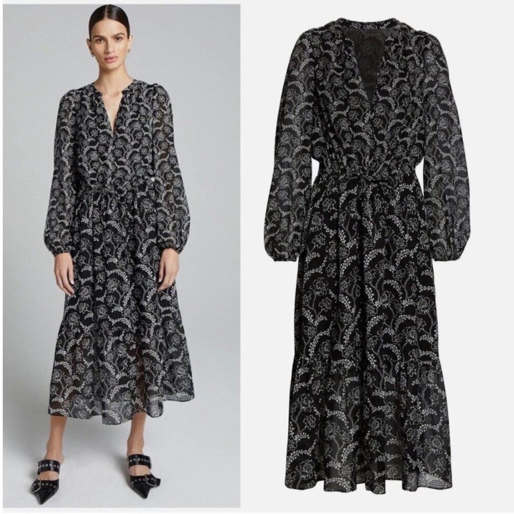 A.L.C. Kate Floral Silk Blend Midi Dress Long Sleeve V-Neck Size 10